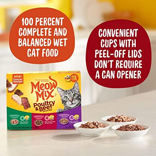 Мокра храна за котки Meow Mix Tender Favorites, Разнообразна опаковка от птиче и говеждо месо, 2,75 грама (опаковка от