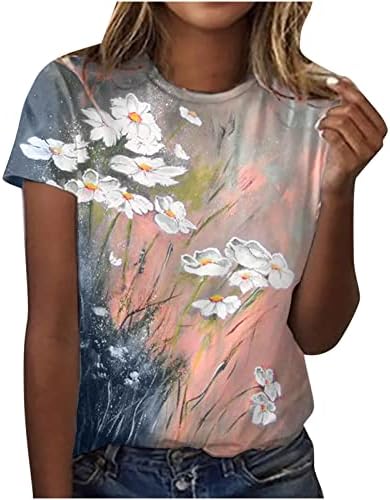 Есенно-Лятна Блуза-Тениска за Жени С Къс Ръкав, Кръгло Деколте и деколте Лодка, Памучен Блуза с Графичен Цветен