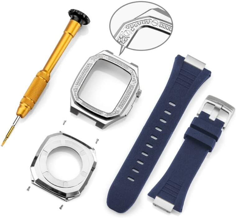 Комплект модификация каишка CNHKAU от неръждаема стомана за Apple Watch Band 8 7 41 мм 45 мм Силиконов каучук + метален калъф за iWatch Series 6 SE 44 мм (Цвят: Color 31, размер: 44 mm)