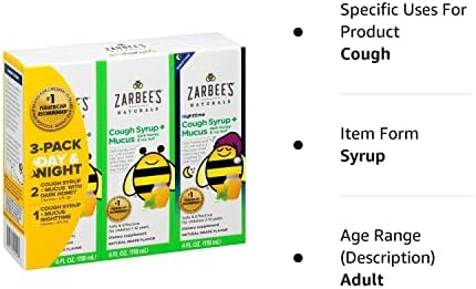 Детски Натурален сироп за кашлица Zarbee's 3-дневна опаковка Ден / нощ с мед за премахване на слуз - по 4 грама всяка (само