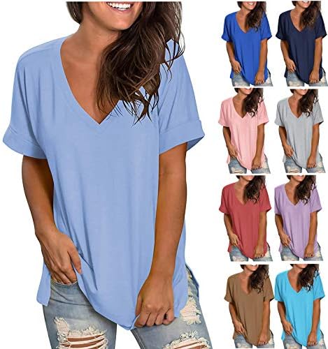 Дамски Летни блузи, Удобни Ежедневни тениски свободно намаляване с V-образно деколте и къс ръкав, Блузи, Дамски