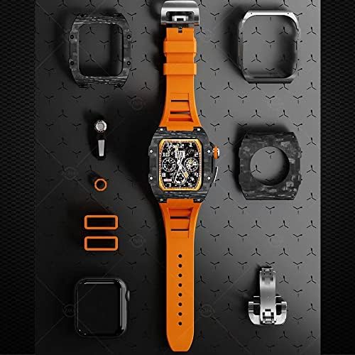 JDIME Луксозен калъф от въглеродни влакна, набор ленти за Apple Watch 8 7 45 mm 6 5 4 se, 44 мм, гумен ремък, комплект