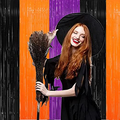 3 Опаковки Хелоуин Черно Orange Сърма Фолио Ресни Завеса, 8x9,84 Фута Фон Завеса от Черно-Оранжеви Ленти за