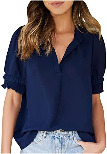 Дамски Блузи с рюшами на ръкавите, Обикновена Ежедневните Свободни Тениски с V-образно деколте и Къс Ръкав, Блуза