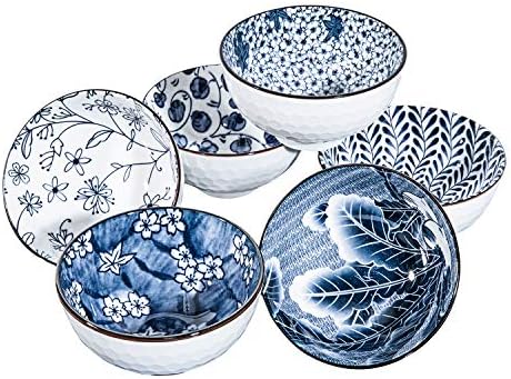 Керамични Купички за ядки Swuut в японски стил, Набор от Мисок за салата, Супа и Ориз на 24 Унции, Синьо-бели (6 инча)