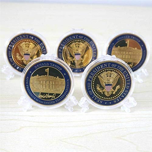 5 Опаковки Златни монети на Доналд Тръмп, Монети с Печата на Президента, един Незабравим Подарък с Футляром и Стойка
