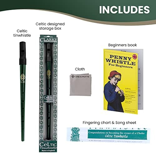 Набор от калай свистков – Clarke Tin Whistle Key D с Книга за начинаещи, микрофибър Кърпа – Celtic Penny Whistle in D – Зелен