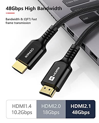 Кабел NIMASO 8K HDMI 2.1 6.6 фута 48 gbps, Високата HDMI кабел с тъкани кабел 4K при 120 8K Hz при 60 Hz, eARC, HDCP 2.2 и 2.3, HDR 10 е Съвместима с Roku TV / PS5 / Xbox X / HDTV / Blu-ray