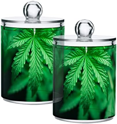 YYZZH Зелено Растение Марихуана Лист Коноп Cannabis 2 Опаковки на Притежателя Qtip Диспенсер за Памучни Тампони Кръгли Възглавнички