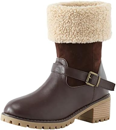 GWTAECH / Дамски обувки; Дамски есен-зима мат Къси ботуши с катарама на колана си с кръгли наклон на Високи токчета; плюшени дебели Зимни обувки; 6 обувки ; Дамски