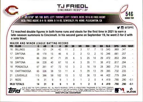 2022 Topps 546 TJ Friedl RC Нов Cincinnati Maya Серия 2 Бейзболна картичка MLB