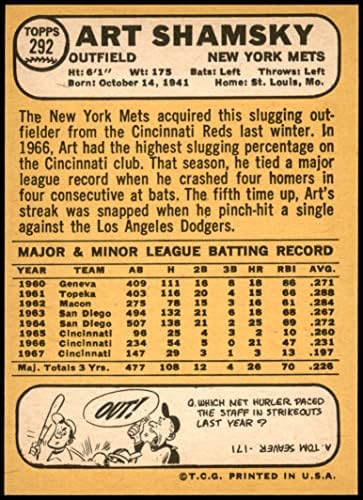 1968 Topps # 292 Арт Шамски Ню Йорк Метс (Бейзболна картичка) NM/MT + Метс