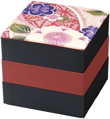 Японската Лачена Трехъярусная кутия за бэнто Джубако с цветен модел, 6,50 инча (височина) х 6,25 инча (височина)