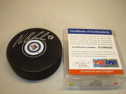 Николай Ehlers подписа хокей шайба Winnipeg Дюзи с автограф на PSA/DNA COA 1Б - за Миене на НХЛ с автограф