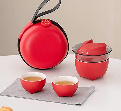 Чай набор от TUCHACA Mini Gaiwan, чаена чаша с сладък заек и преносими чанта за пътуване, китайски керамичен чайник Gongfu