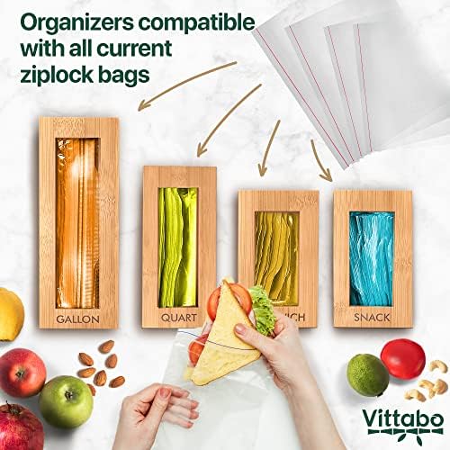 Органайзер за бамбук чанти Vittabo с цип за чекмедже - Органайзер за съхранение на чанти за хранене - Органайзер за чанти за сандвичи - 4 бр. на галон, един литър, Закуска,