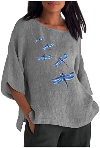 Летни Блузи с шарени Кончета 2023 с 3/4 ръкав, Ежедневни Свободна Блуза от памук и лен, с кръгло деколте и