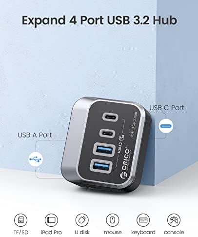 USB-хъб ORICO 10 gbps с 2 порта USB A + 2 порта USB C, хъб USB 3.2 Gen 2 с кабел USB-C дължина 1,64 метра и USB-адаптер, USB