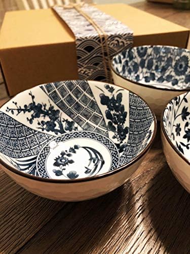 Mose Cafolo ~ Комплект от 4 Керамични Мисок за ориз в японски стил с различни дизайнами, Традиционната синьо-бяла