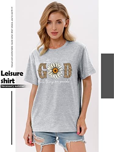 OUNAR за Бога Всичко е Възможно Тениска с Флорални Принтом Надписи на Вярата Маргаритка Леопардовый Принт Къс