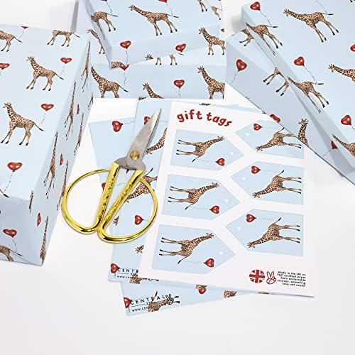 Амбалажна хартия за рожден ден CENTRAL 23 - Жираф и балони - 6 листа подарък опаковки - Синя амбалажна хартия -