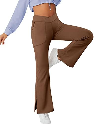 Дамски Панталони за йога MYMORE с джобове, V-Образно Деколте и Висока Талия, Тренировъчен Расклешенный Спускане, Перекрещивающиеся