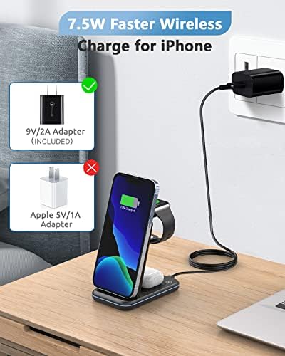 Безжично Зарядно Устройство, Бърза Безжична зарядно устройство 3 в 1, Сгъваема Док-станция за безжично зареждане капацитет от 18 Вата за Apple Watch SE/7/6/5/4/3/2 AirPods 3/2/iPhone Pro 13/