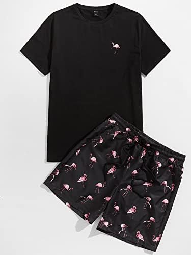 OSHHO Комплект дрехи от две части за мъже, Топ и къси панталони с принтом фламинго, Комплект (Цвят: Черен Размер: Голям)