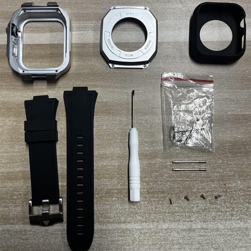 EKINS 44 мм Луксозен комплект модове за Apple Watch Band 8 7 45 мм Метална рамка за iwatch Series 6 SE 5 4 Силиконов каишка Стоманен корпус Комплект за ремонт (Цвят: сив, размер: 44 mm за 6/5/4 / SE