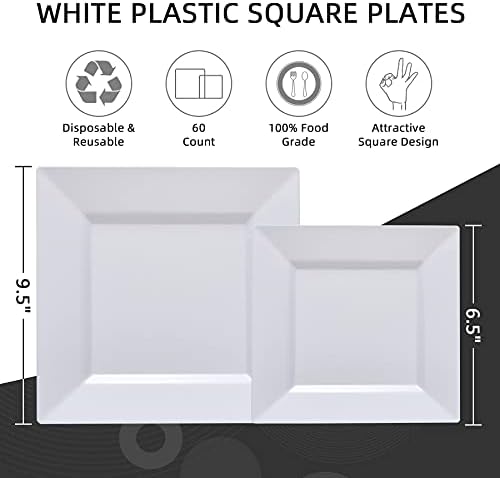 N9R 60 Опаковки Бели Квадратни пластмасови чинии - 30 бр. места за хранене чинии 9,5 инча и 30 бр. Квадратни Еднократна