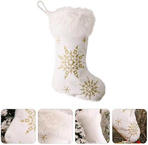 Zerodeko Бели чорапи, Коледни Чорапи, Голям Бял Коледни Чорапи с Снежинками, Бродирани кръстат бод, Подарък за