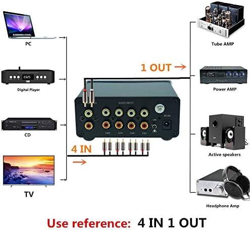 Преминете аудиосигналов DLOETT 4 входа 1 Изход HiFi Стерео RCA Преминете Разделител Скоростна избор (черен)