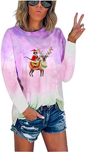 Fandream Дамски Блузи с Дълъг Ръкав, Рисувана Вратовръзка, С Коледа, Hoody С Кръгло Деколте, Свободно Намаляване, Зимни