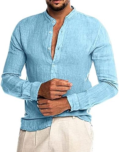 Мъжки Есенна Бельо Тениска с V-образно деколте, Стоящ яка, Плажна Риза с Дълъг Ръкав, Ежедневни Риза Редовен Намаляване,