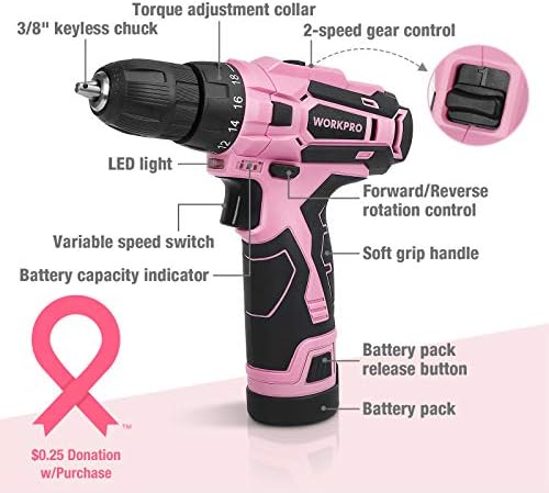 Акумулаторна бормашина WORKPRO 12V розов цвят, набор инструменти за дома и розов комплект градински инструменти