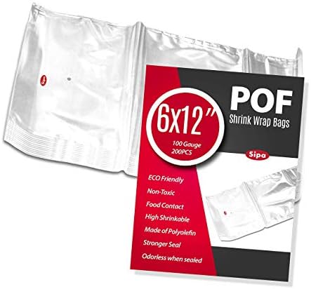 Пакети за термоусадки SIPA 6x12 см 200ШТ 100 Калибър POF, без вентилационни отвори, Без мирис са идеални за опаковане на канцеларски материали, фото рамки, сапун, бомбочек за