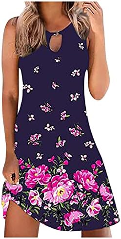 Женствена рокля-риза iQKA с флорални принтом, keyhole, оглавник на врата, без ръкави, летни ежедневните свободни рокля