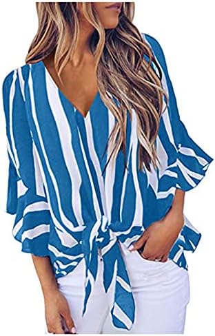 Летни блузи, дамски шарени блузи с принтом, блузи с V-образно деколте, 3 и 4 блузи с изгорени ръкави-клеш, лятна тениска с завязками, синя
