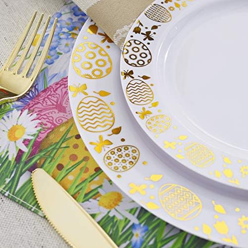 Hioasis 175 бр. Великденски пластмасови чинии и пластмасови чинии от бяло злато, подадени на 25 гости, включва 25 места за хранене