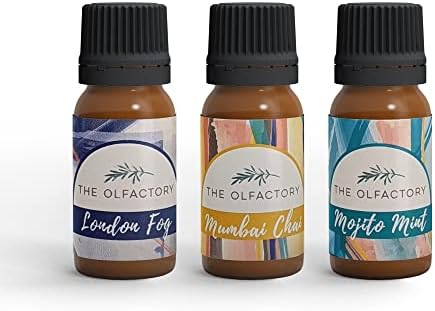 The Olfactory Shop - Колекция от етерични масла, вдъхновени от пътуванията, етерични масла премиум-клас за обектите за дома, London Fog, Мохито Мента и Mumbai Chai, комплект от 3 х 10 ml