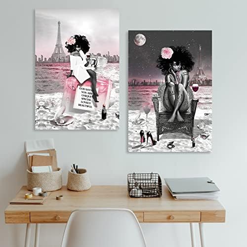 ПРЕДИ Афроамериканская Черна Момиче Стенно Изкуство Модерни Розови и Сиви Плажни снимки с Айфеловата Кула Картини