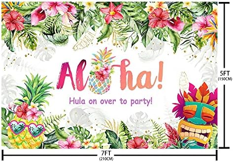 AIBIIN 7x5 фута Годишният Фон за парти в стила на Алоха Luau, Тропически Хавайски Цветя, Зелени Листа от Ананас, Фон