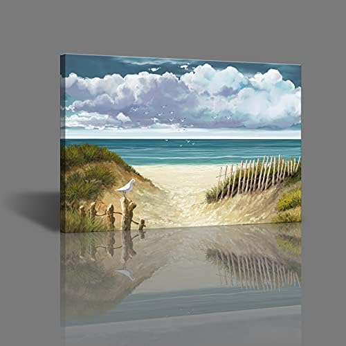 Плажна Стенно изкуство - Стенно изкуство върху платно, Синьо Природен пейзаж с Морски птици - Декор за баня,