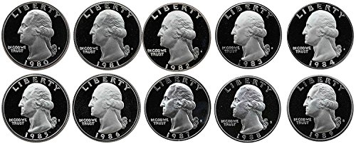 1980 S - 1989 Washington Quarters Gem Proof Тираж 10 Монети, Монетен двор на САЩ Десетгодишен Лот Пълен Набор от 1980-те години Proof
