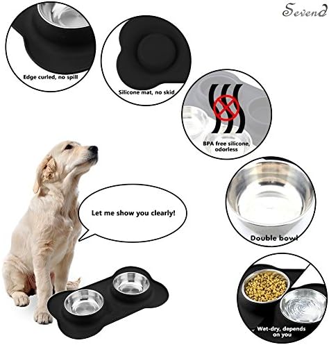 Купички за домашни любимци Силикон подложка и двойна купа за кучета или котки от неръждаема стомана, седем поставяне на пътни мисок за домашни любимци (M)