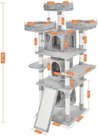 Мулти-Котешка Елха, Котешка кула размер 65,4 инча с Когтеточкой, 2 Етажната собственост, 3 Плюшени костур и Интерактивни Висящи Топки.