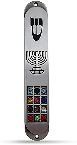 Пютър Калъф за мезузы с Преобръщане 12 Племена на Израел Дизайн Хошен Менора със Седем Клона Иудаика Врата Мезуза