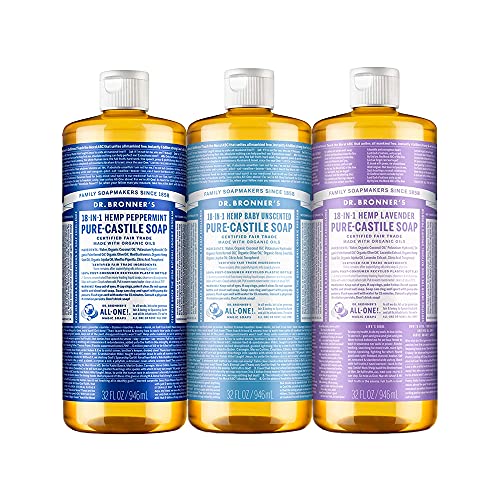Dr. Bronner's - Течен сапун от чиста Кастилска (3 опаковки в 32 унции) С мента, без аромат за бебета, лавандула - Произведено