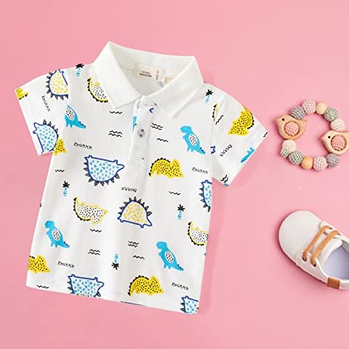 Риза за Малки Момчета, Сладки Бебешки Блузи с Къс ръкав и Отворотами, Детска Риза с Динозавром, Тениски с Копчета За Момчета,