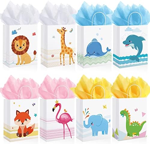 8 БР 11-Инчови Хартиени Подаръчни Торбички За Опаковане на Детски подарък Животни Хартиен Пакет с Кърпички,